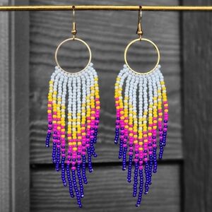 Purple Ombre Boho Fringe Earrings Beaded Handmade Jewelry Boheme
